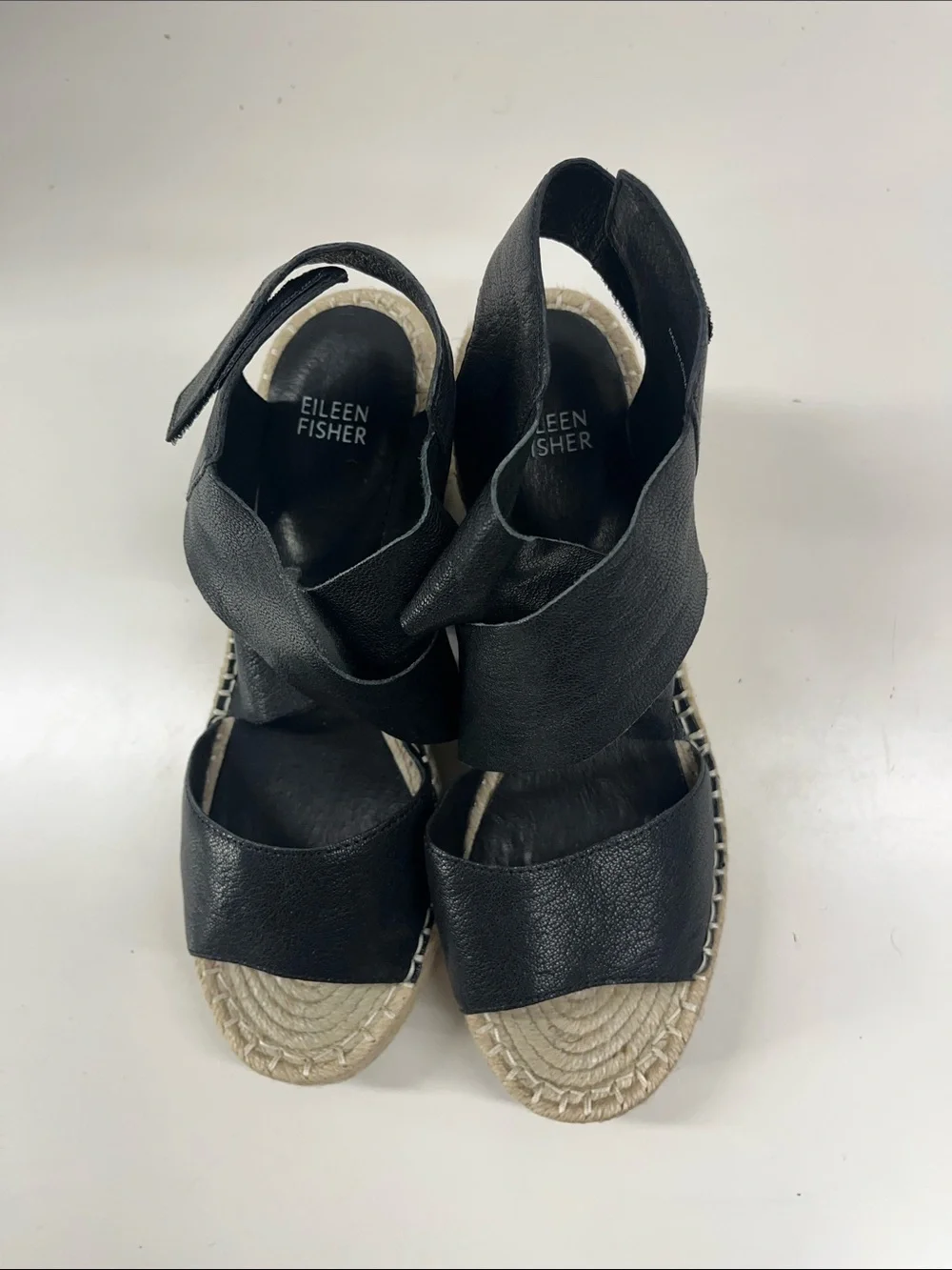 New Eileen Fisher Willow Espadrille Wedge Sandal in Black Leather Size 9